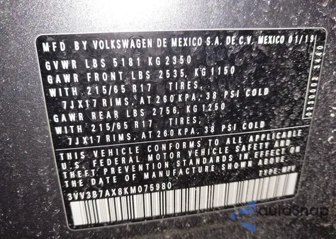 2019 Volkswagen Tiguan 2.0T Se/2.0T Sel/2.0T Sel R-Line/2.0T Sel R-Line Black z USA, uszkodzony, nr VIN 3VV3B7AX8KM075980